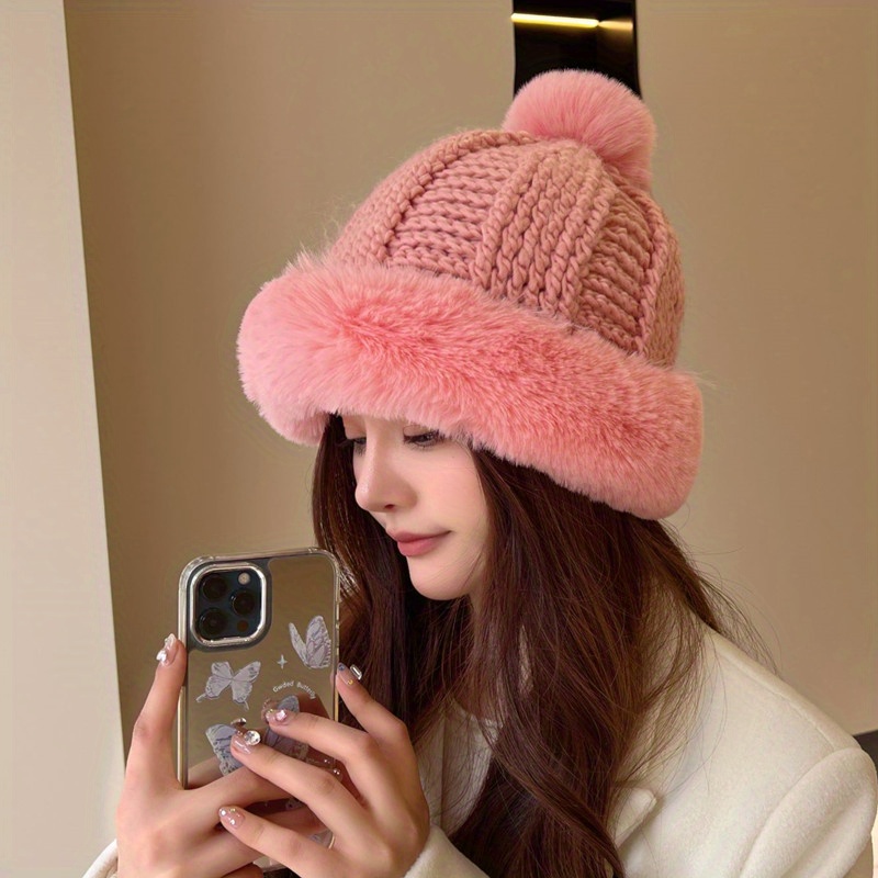 Women's Plush Knitted Hat Warm Woolen Hat Thick Ball Ear