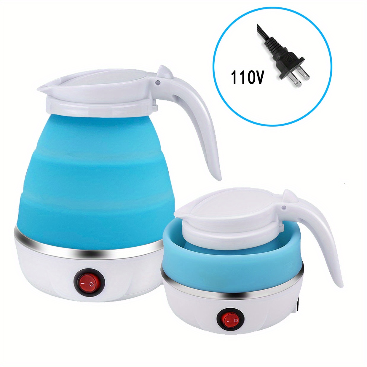 Travel Foldable Electric Kettle, Collapsible Food Grade Silicone Small  Kettle Boiling water,Dual Voltage（600ml,110-220V US Plug） (Blue)