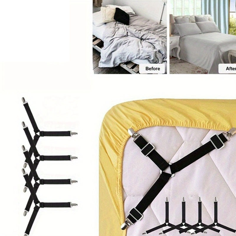 Bed Sheet Suspenders, Adjustable Bed Sheet Holder Straps Fitted Sheet Clips  Keeping Sheets Place, Black - (2 Set/4pcs)