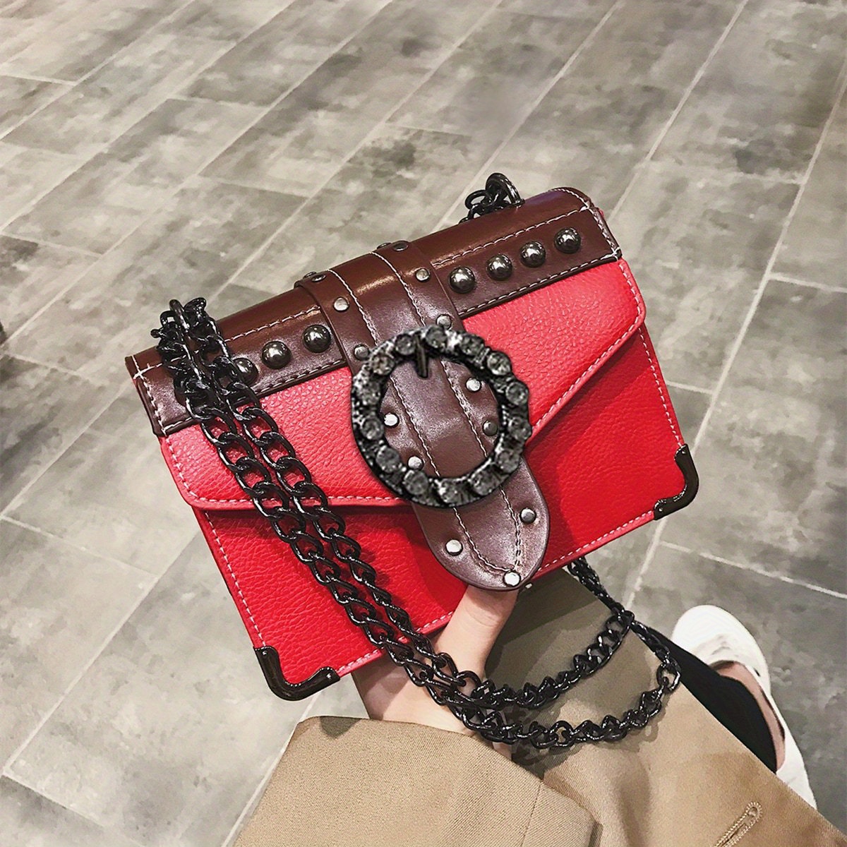 Rivets Leather Bucket Bag Designer Crossbody Bags Purse for Women, Brown