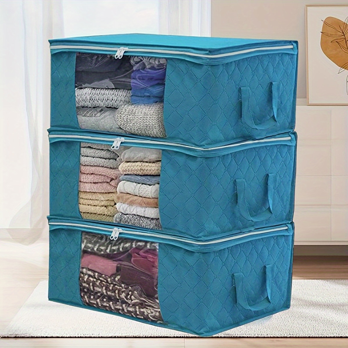Clothes Storage Bag 3pcs, Foldable Storage Bins for Clothes, Comforters Storage  Bags with Reinforced Handle, Sturdy Zipper, Closet Organizer with Clear  Window-Sky Blue 