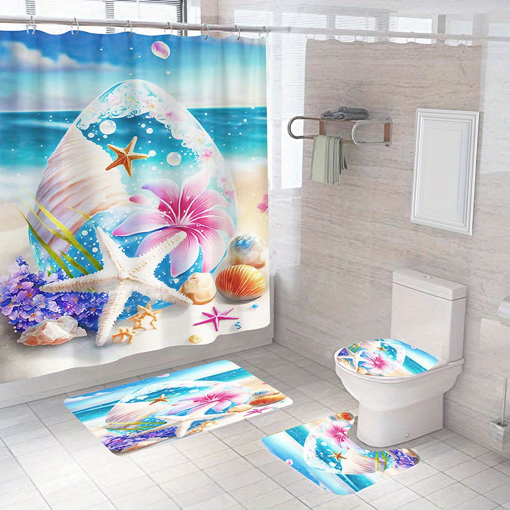  4 Pcs Shower Curtain Set with 12 Hooks, Ocean Coastal