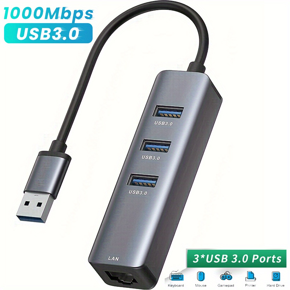 [4 In 1] USB 3.0 To Ethernet Adapter, 3-Ports USB 3.0 Hub With RJ45  10/100/1000 Gigabit Ethernet Adapter Support Windows 10,8.1,Mac IOS,  Surface