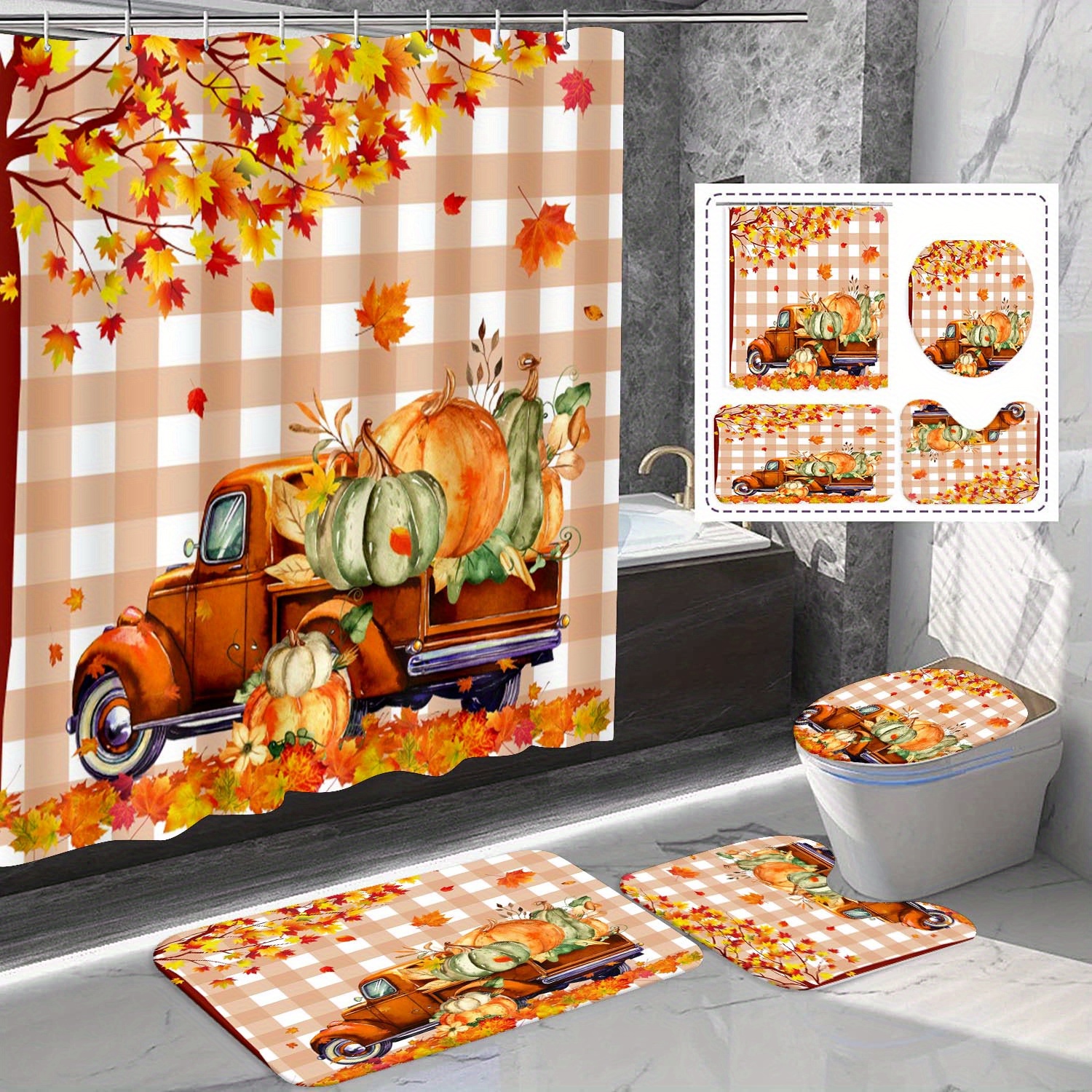 Fall Pumpkins & Leaves Shower Curtain Bath Bathroom Decor Home