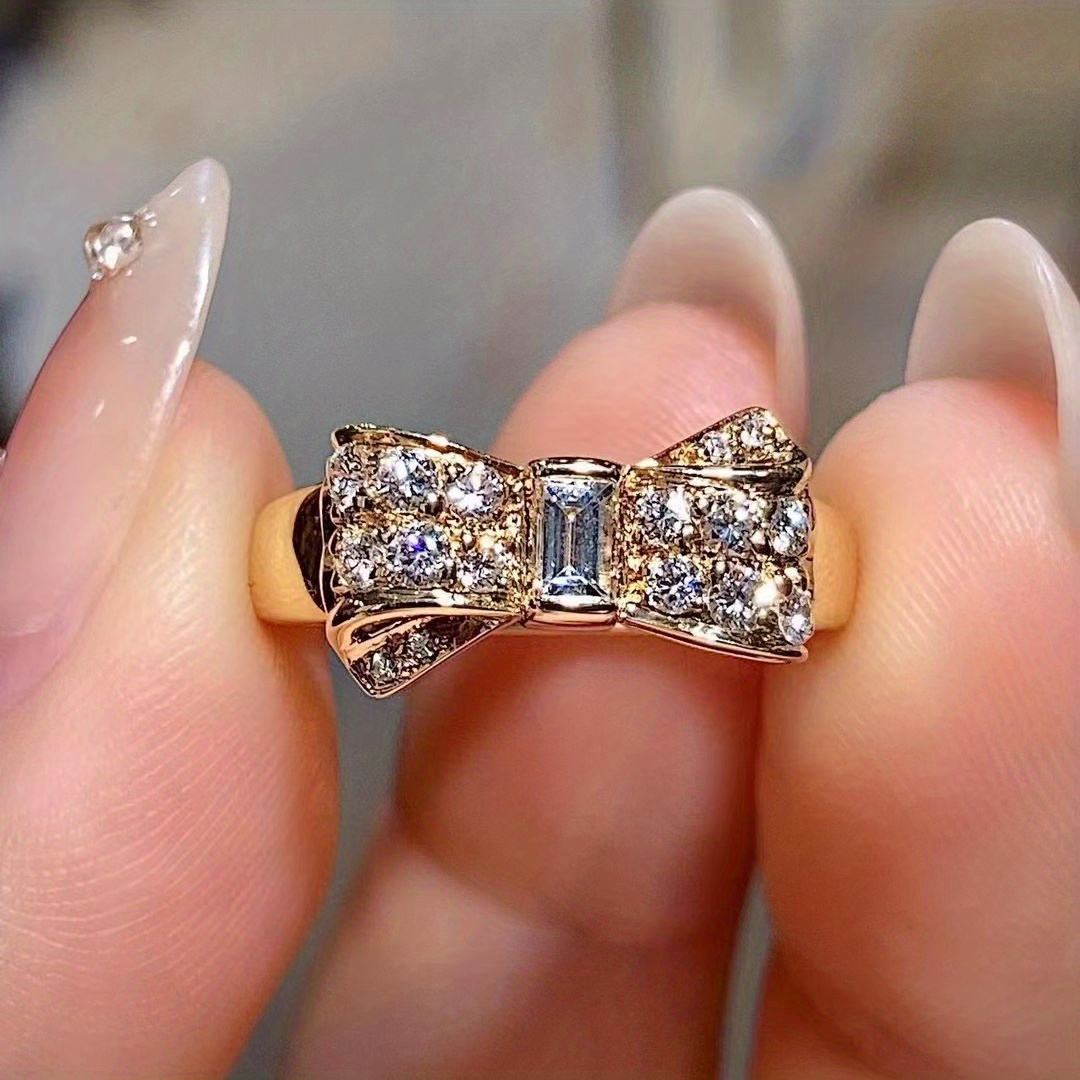 Image of Cute Korean- Women's Ring - Copper Base With Sparkling Synthetic Zirconia Stones, Versatile For Daily Wear & Parties, Fashion Jewelry, Party Accessory, Goldplated Jewelry