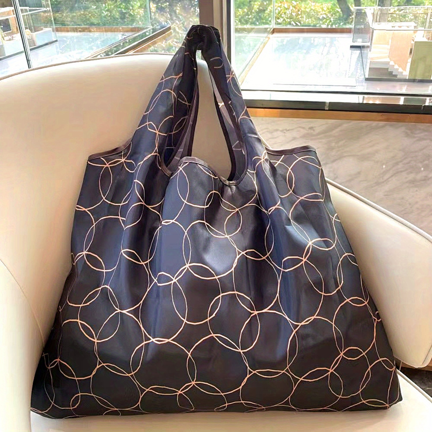 Large Capacity Nylon Shopping Bag With Inner Pocket, Foldable Shoulder Tote For Outdoor, Camping, Lightweight, Pattern