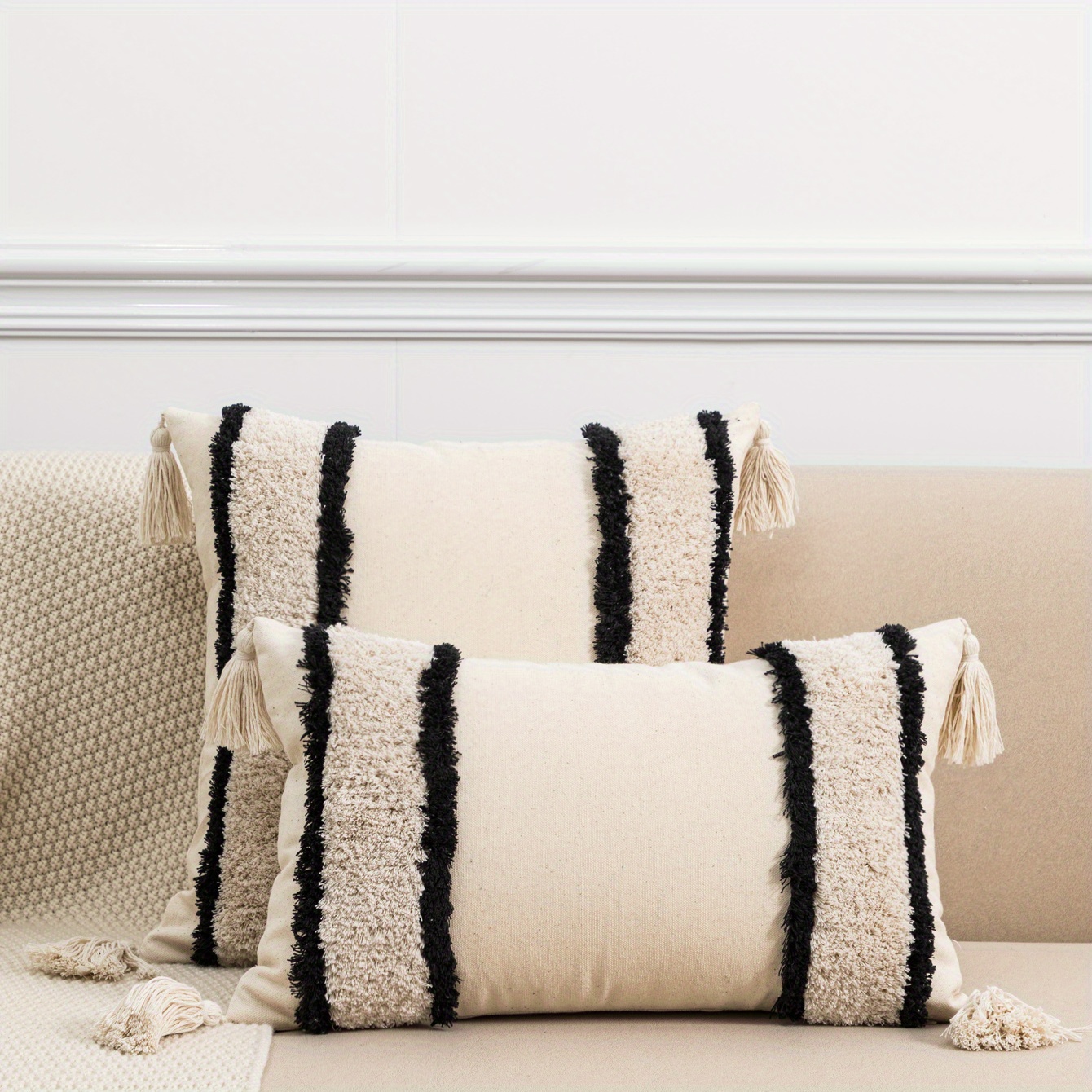 TEMU 1 Beige Striped Pillow Cover Simple And Luxurious Four-corner Flow Comb Technology Living Room Bedroom Sofa Cushion Cover