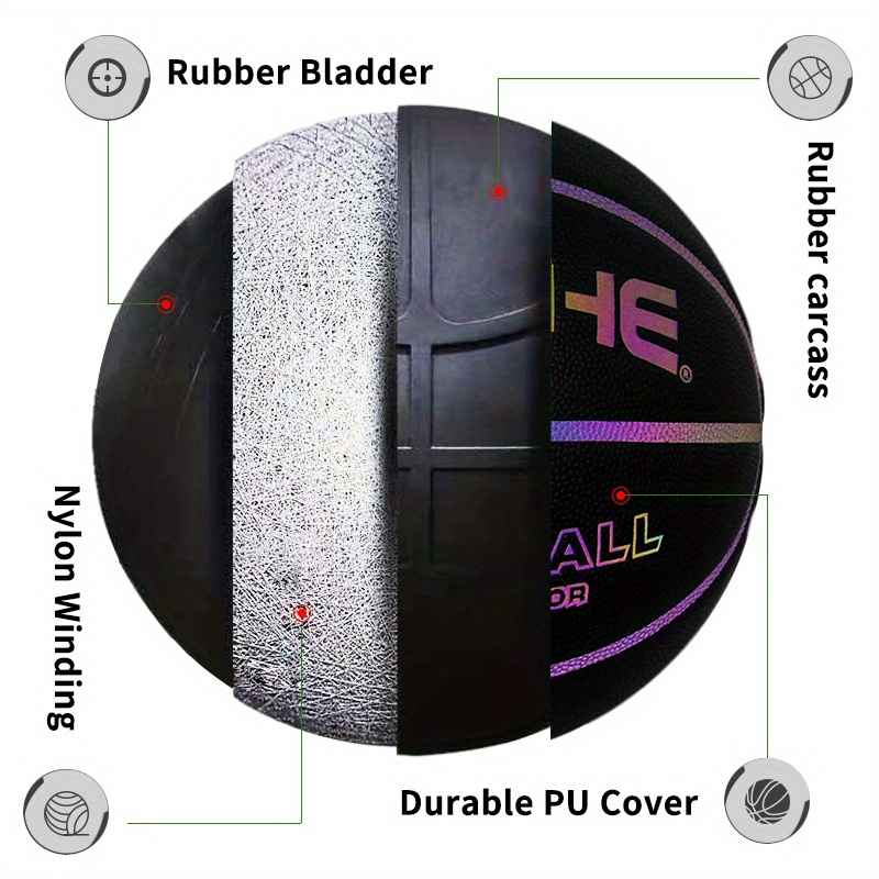 Profesjonalna piłka do koszykówki na zewnątrz/w hali – jednoczęściowa piłka treningowa z neonowym, świecącym logo – wytrzymały, czarny kosz do użytku na zewnątrz i wewnątrz_voghion.com