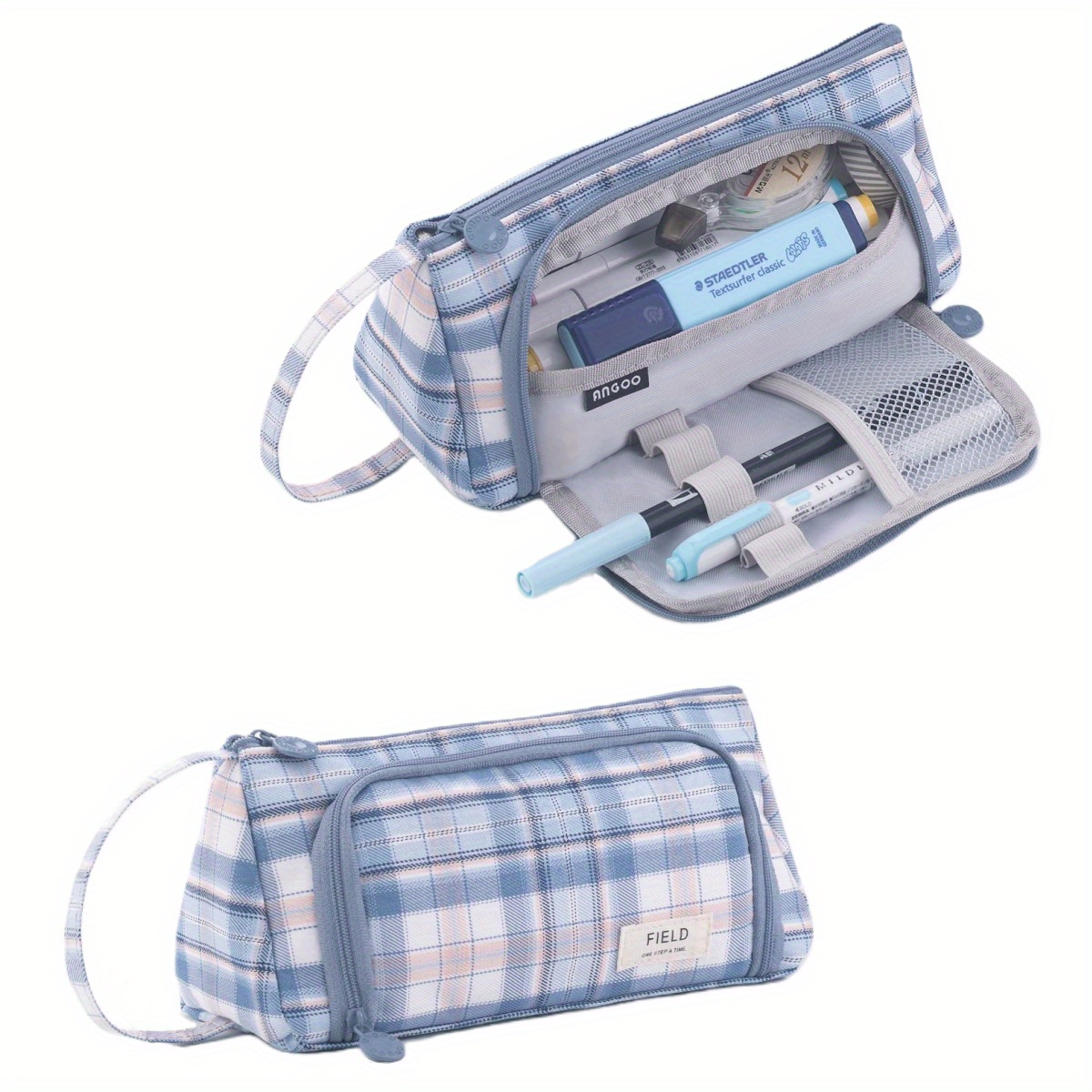 Large Capacity Pencil Case Stationery Storage Pouch Plaid - Temu