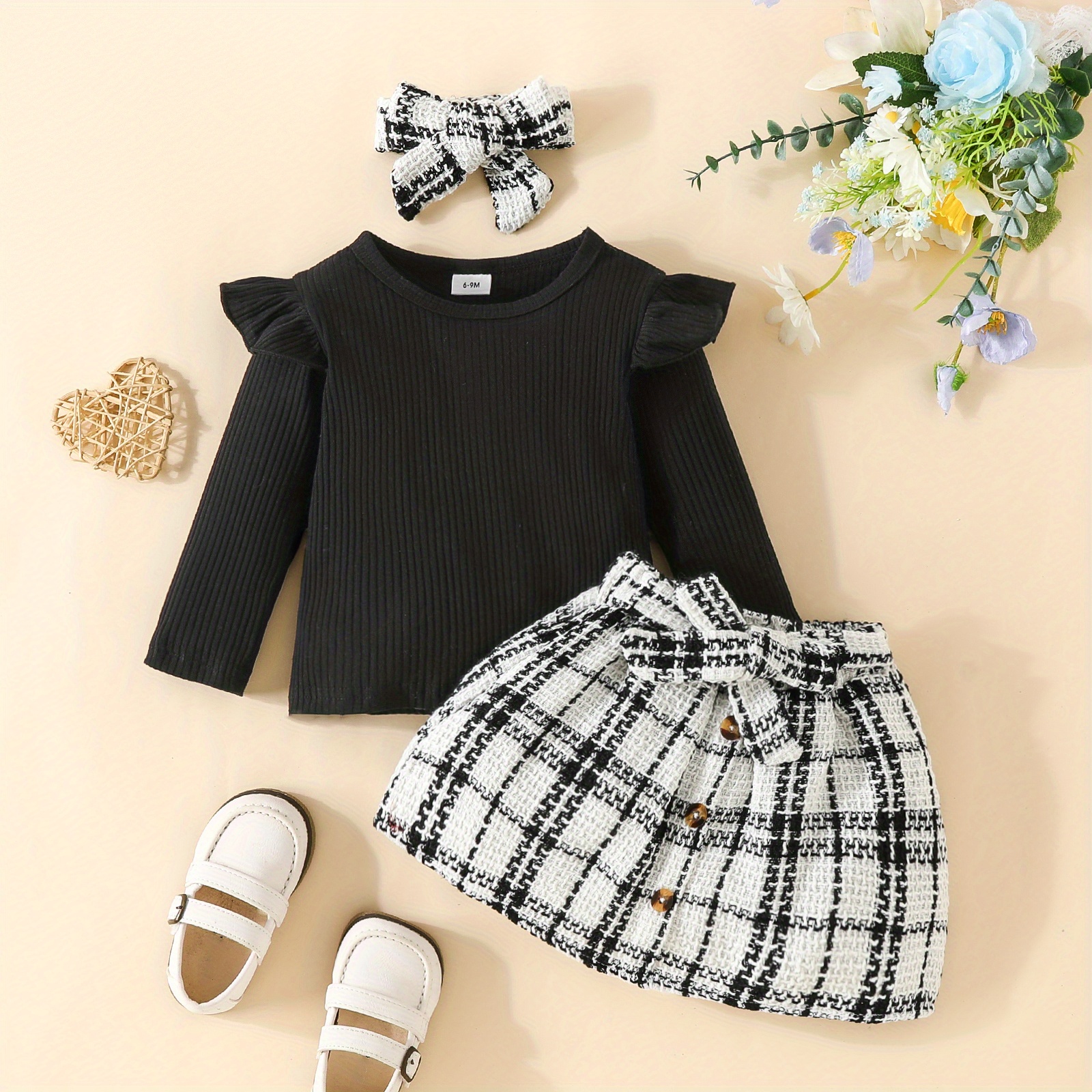  Atuendo para bebé niña pequeña para otoño e invierno, camiseta  de manga larga acanalada, con botones a cuadros, acampanado (blanco, 12-18  meses) : Ropa, Zapatos y Joyería