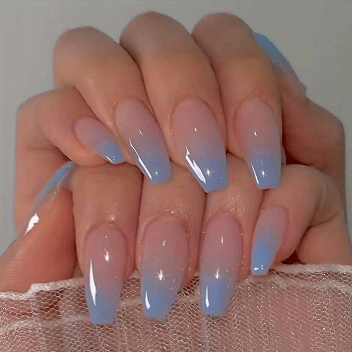 24pcs glossy medium ballerina fake nails gradient blue press on nails elegant false nails for women girls details 0