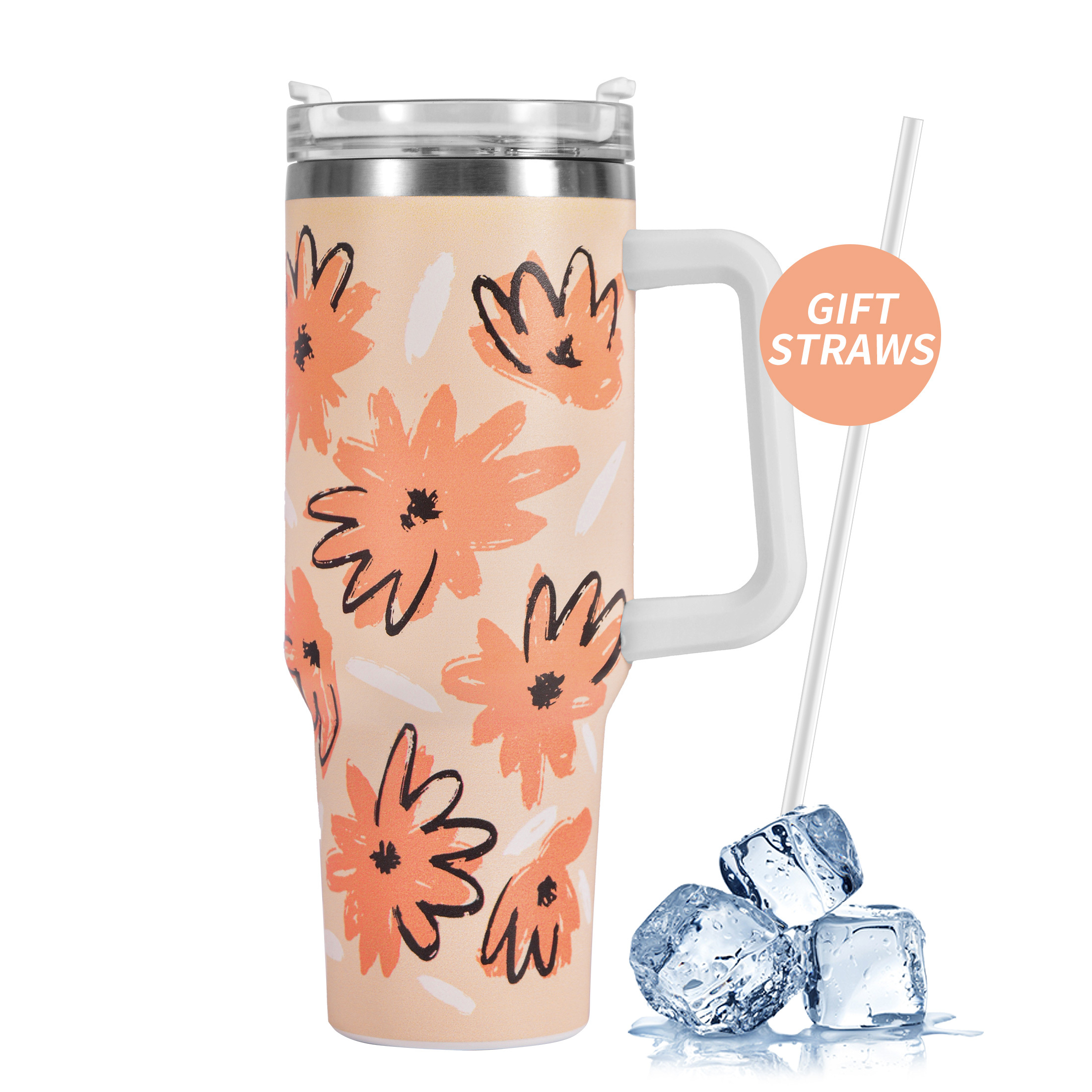 Floral Tumbler, Handle & Reusable Straw