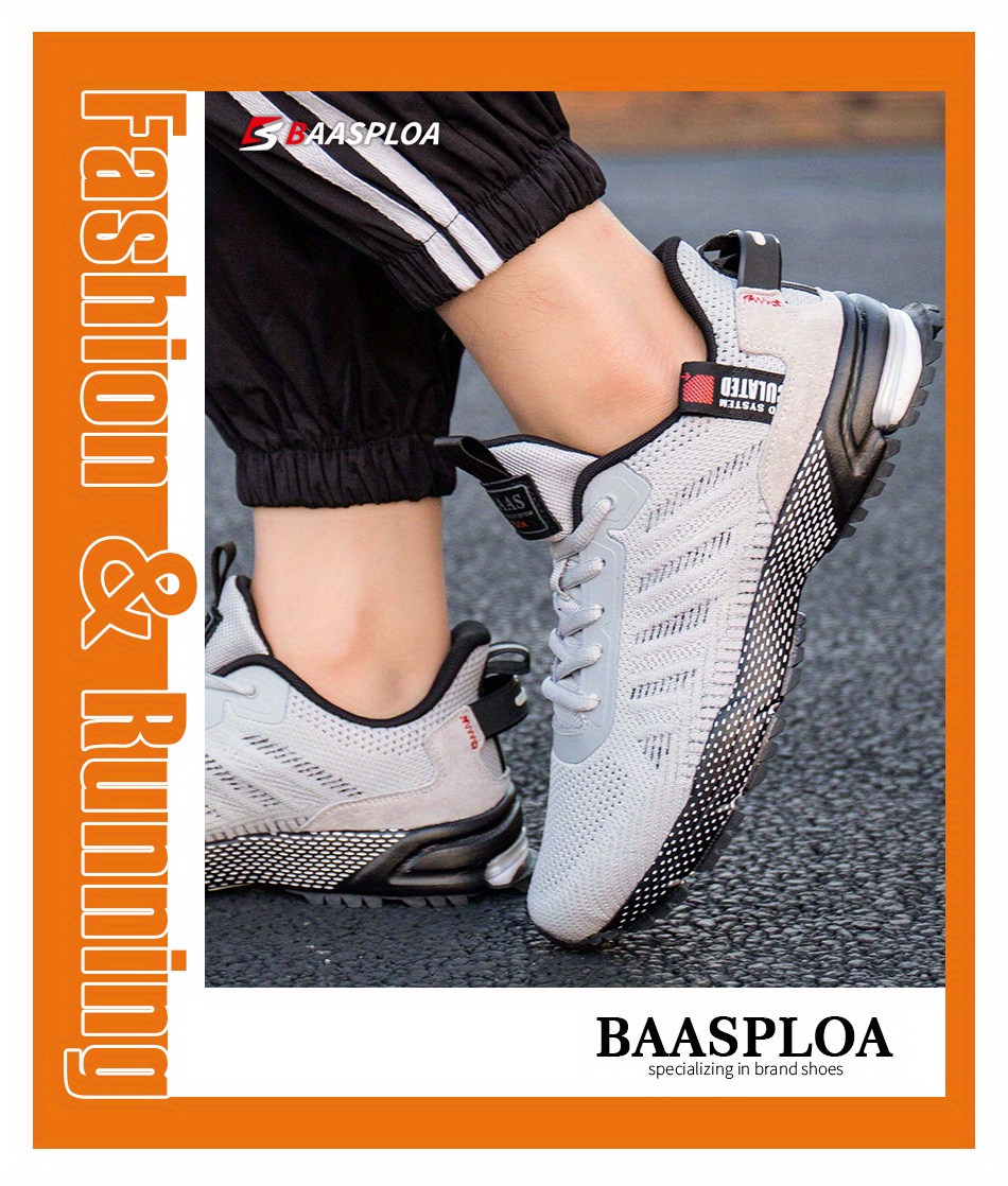 BAASPLOA Men's Lightweight Breathable Mesh Running Shoes - Comfortable, Non-Slip, Casual Athletic Sneakers for Outdoor Sports & Jogging, Gray with Black Accents