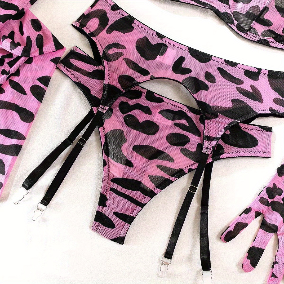 Lace Trim Leopard Lingerie Set, Hollow Out Push Up Bra & Garter Belt Thong,  Women's Sexy Lingerie & Underwear