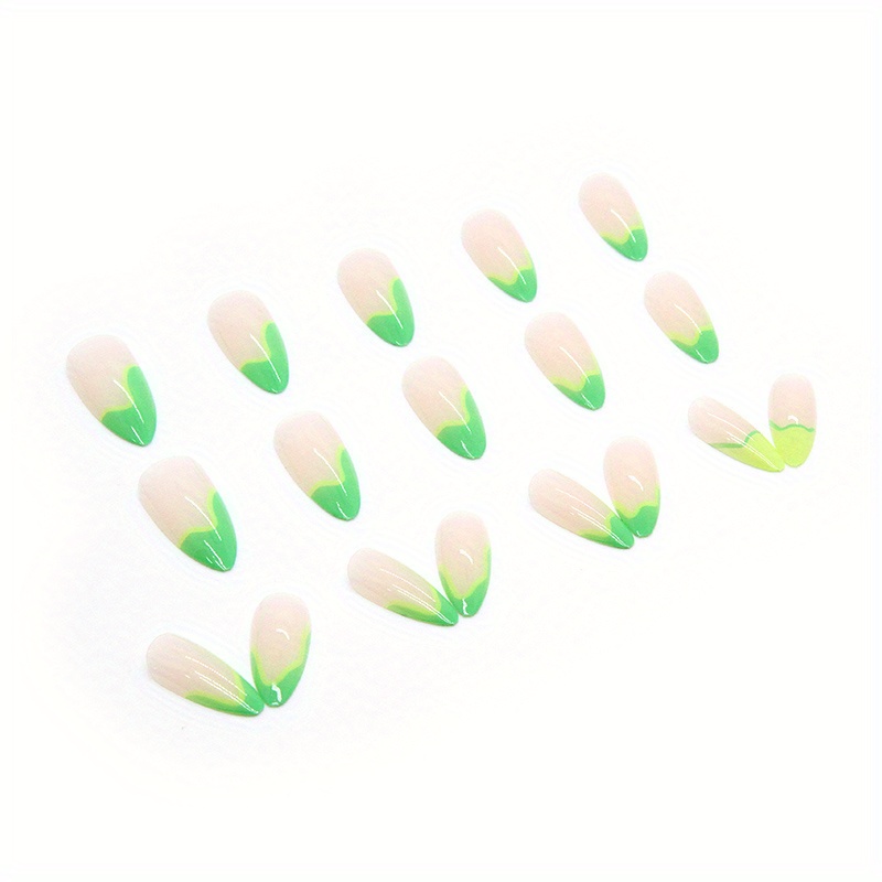 24pcs glossy medium almond fake nails luminous green french tip press on nails summer fresh false nails for women girls details 4