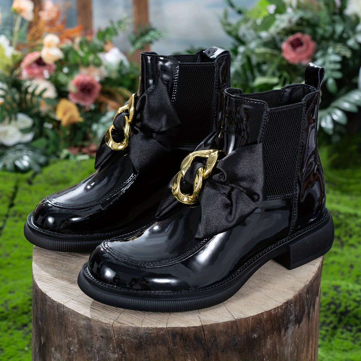Womens Black Patent Ankle Boots Short Tube Flat Booted Lady, Women Shoes  High-quality