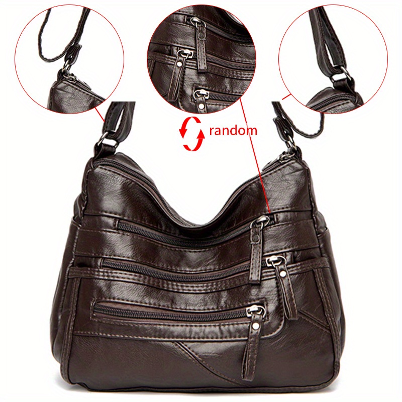 Middle Aged Women's Shoulder Bag, Soft Pu Leather Multi Zipper