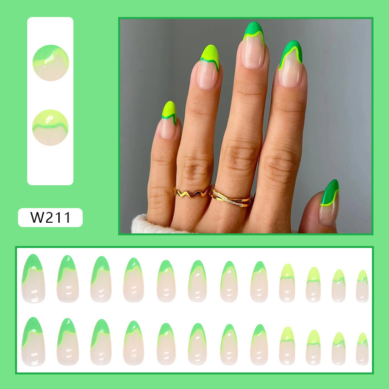 24pcs glossy medium almond fake nails luminous green french tip press on nails summer fresh false nails for women girls details 1