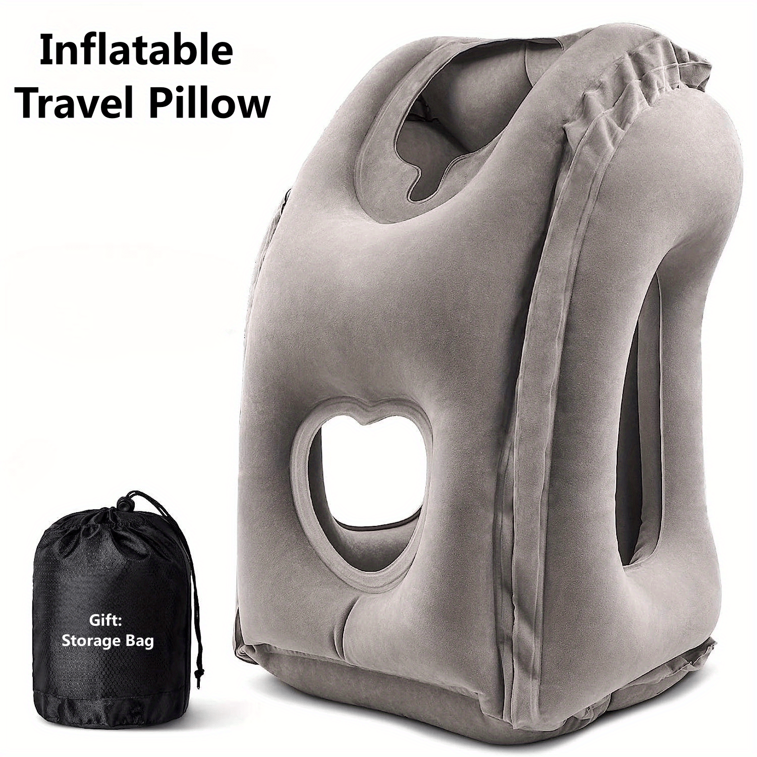 1pc inflatable travel pillow airplane neck pillow comfortably supports head and chin for airplanes trains cars and office napping with drawstring bag details 0