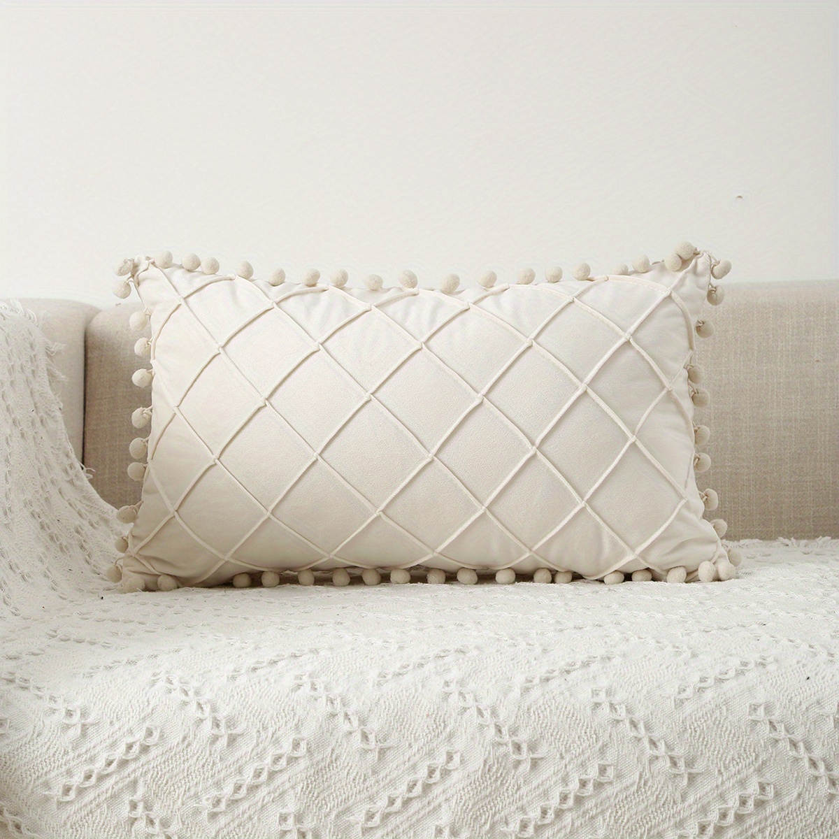 E-shop Schicker Pom Pom Patchwork Kissenbezug - Mit Reißverschluss, Handwaschbarer Polyester-Kissenbezug für Wohnzimmer & Schlafzimmer Dekor -