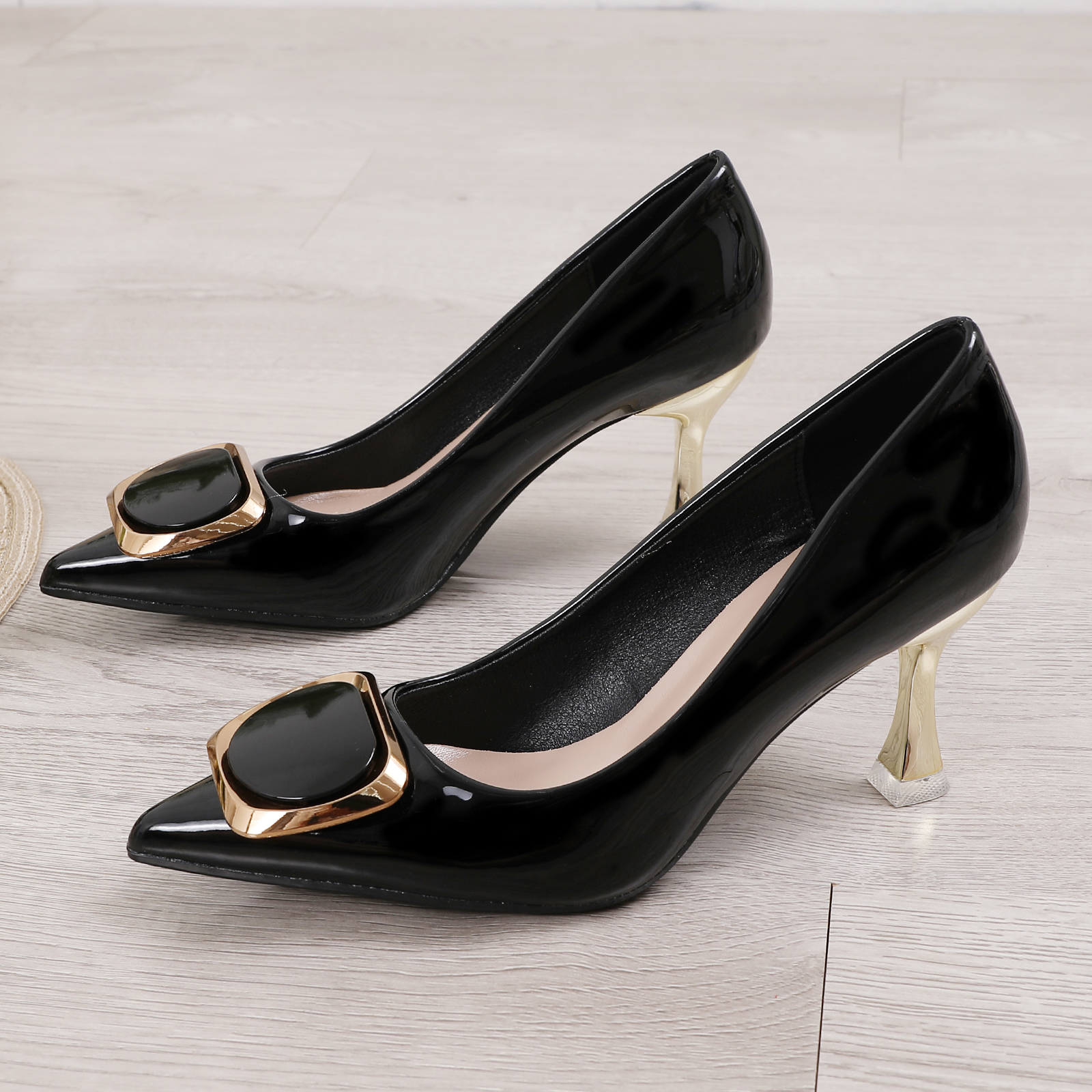 Women's Metallic Buckle Decor Pumps, Pointed Toe Patent Leather
