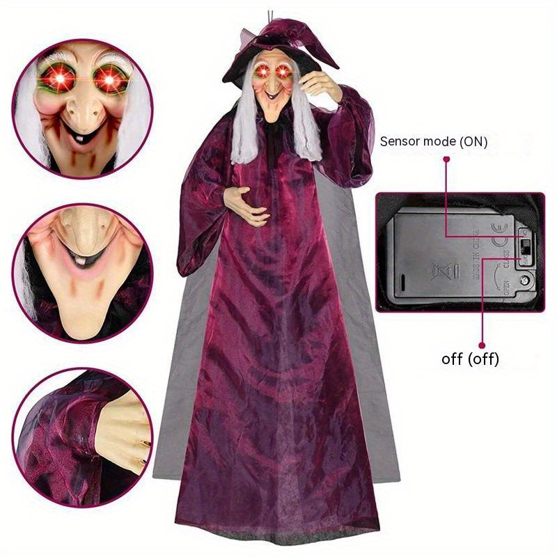 life size hanging talking witch anime halloween witch with sound activated and red eyes for outdoor indoor decor spooky and scary flying witch halloween decoration details 3