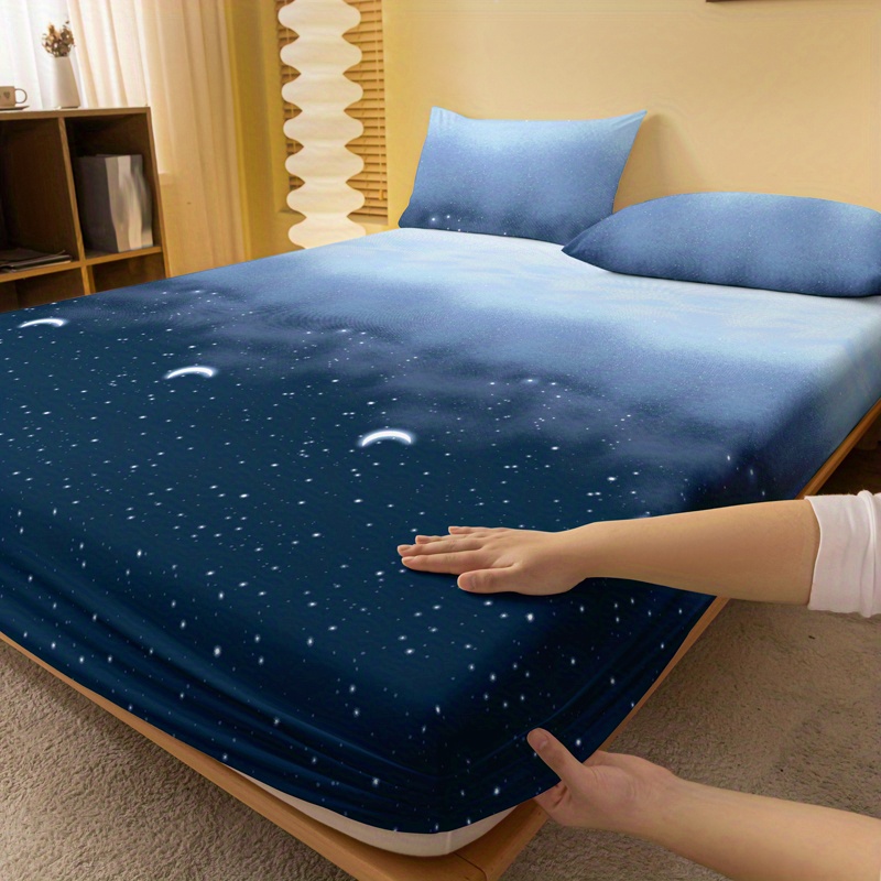 starry night brushed fitted sheet soft breathable polyester bedding for bedroom   deep   machine washable details 1