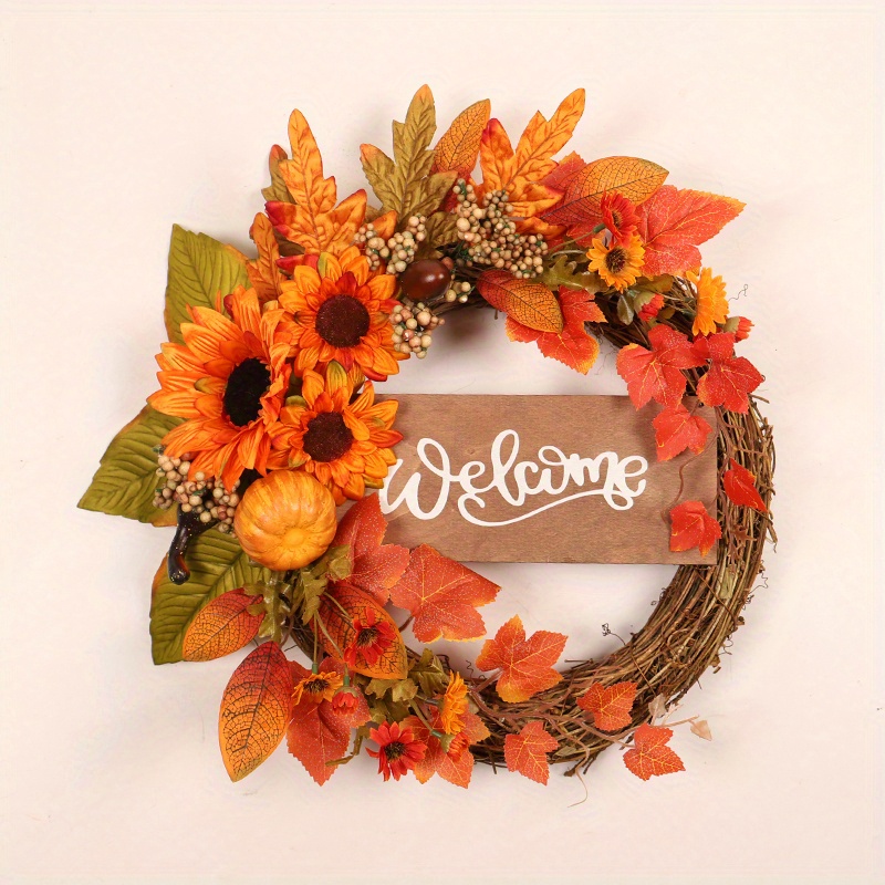 Image of Thanksgiving & Fall Welcome Wreath - 15.8" Maple Design For Front Door, Perfect For Halloween, , Weddings & Christmas Decor, Thanksgiving, Maple Leaf, Wreath, Halloween, Christmas Decoration