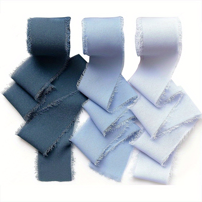 3 Rolls 1.5 In x 5 Yd Fringe Silk Chiffon Ribbon, Blue/Cream White