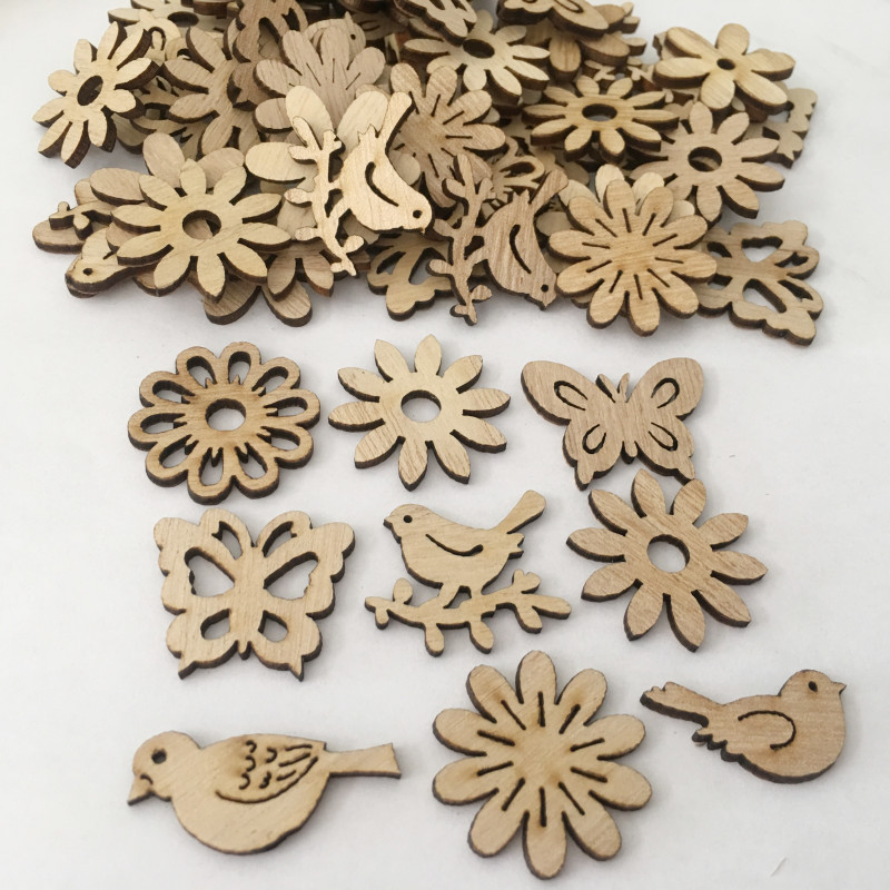 100pcs wooden stars for crafts wooden flowers for crafts Bird Butterfly  Flower