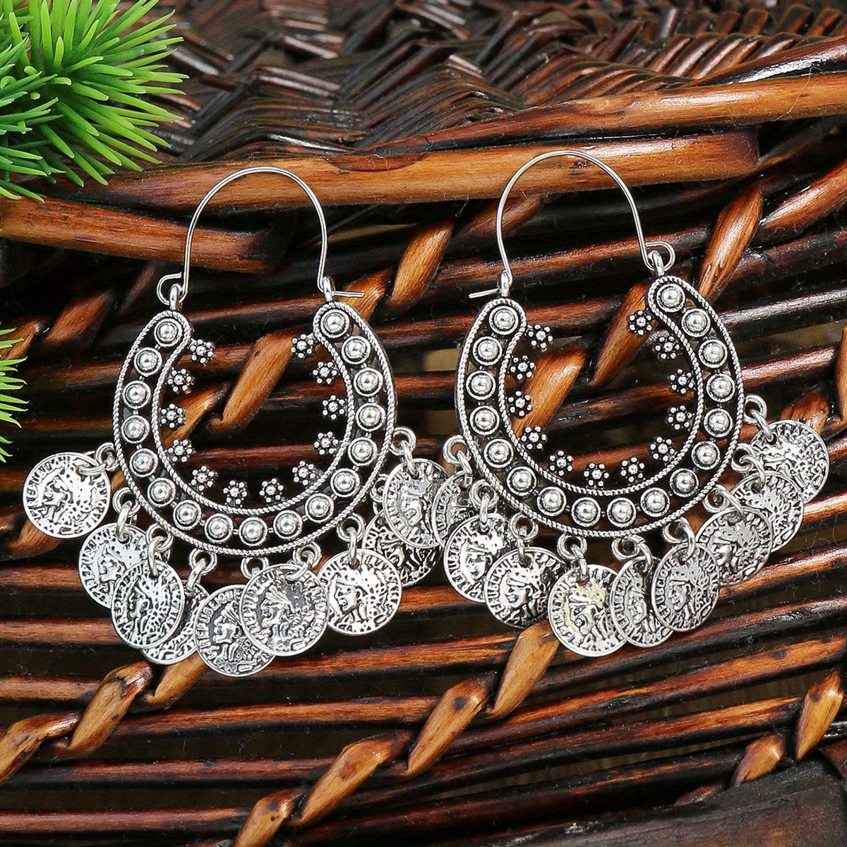 TEMU Aretes De Estilo Tribal Vintage De Aleación De Zinc Con Forma De Disco Geométrico Y Borlas, Con Ganchos De Hierro Para Para Mujeres, Adecuados