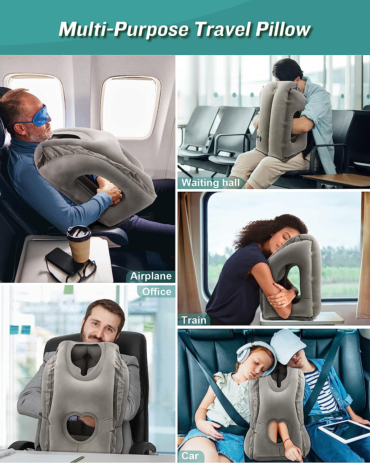 1pc inflatable travel pillow airplane neck pillow comfortably supports head and chin for airplanes trains cars and office napping with drawstring bag details 6