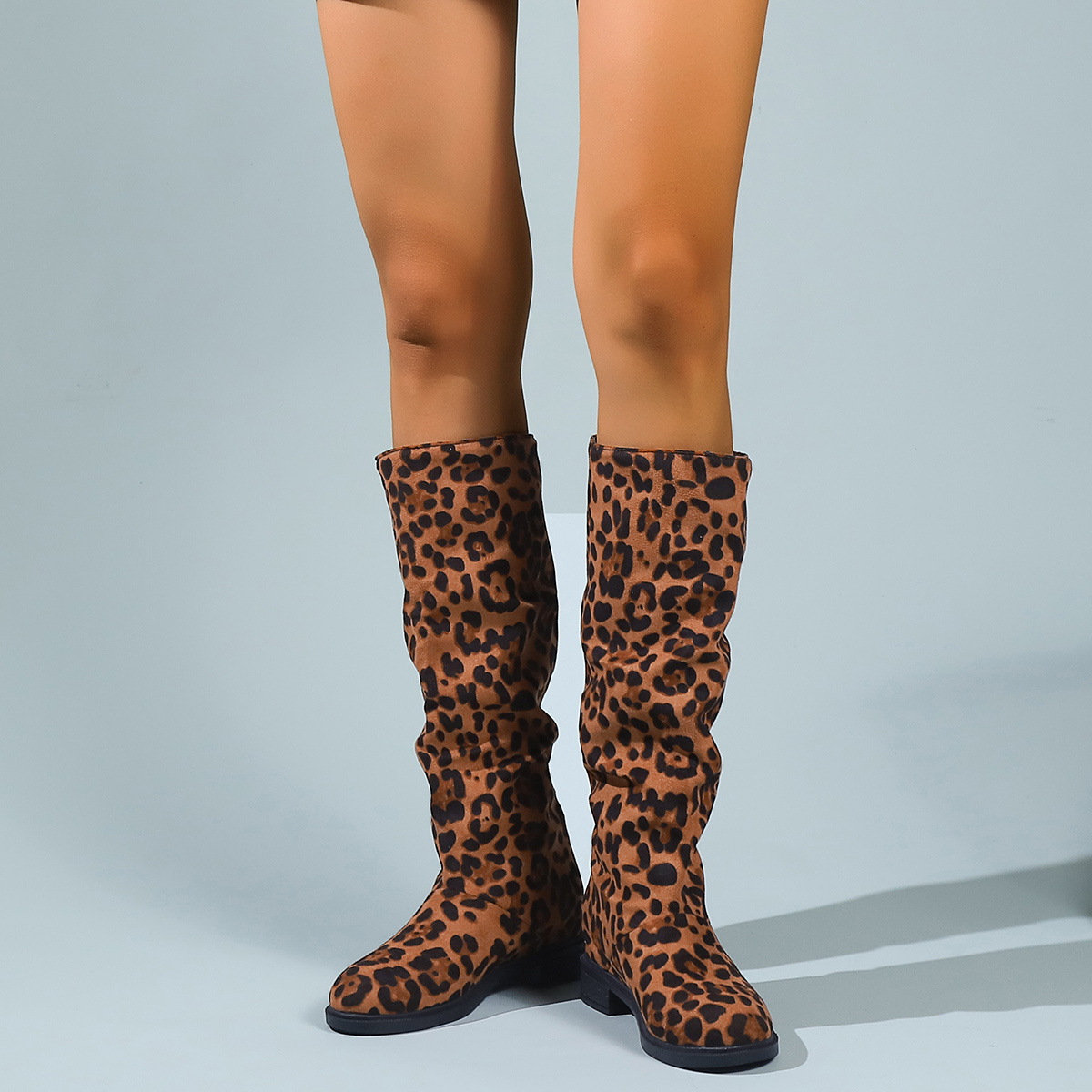 Suede Mid Calf Boots Platform Leopard Thin Heels 19cm Round Toe