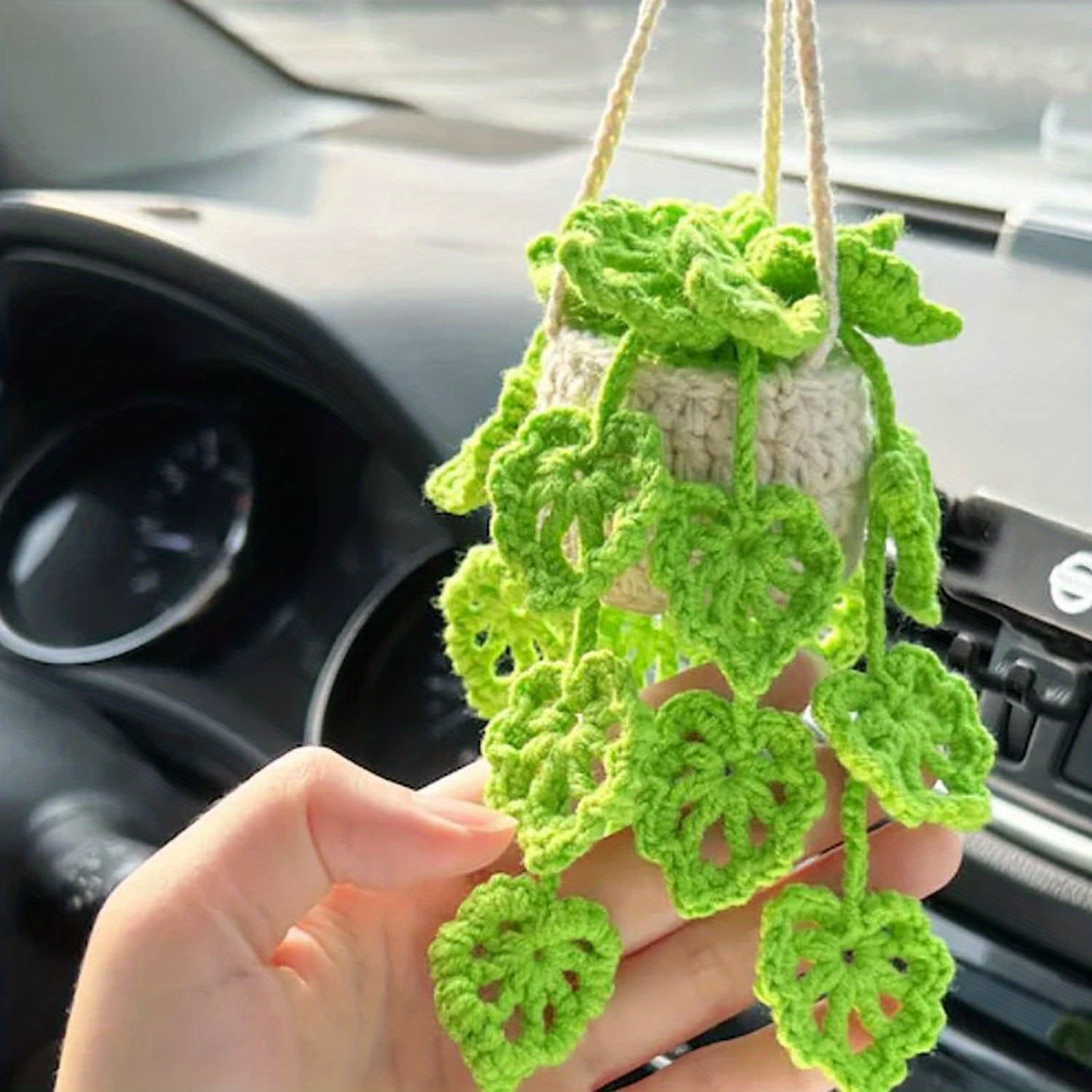  Car Hanging Crochet Potted Plant Rear View Mirror Hanging  Accessories Decor Hanging Basket Car Ornament (Tricolor Flowers) :  Automotive