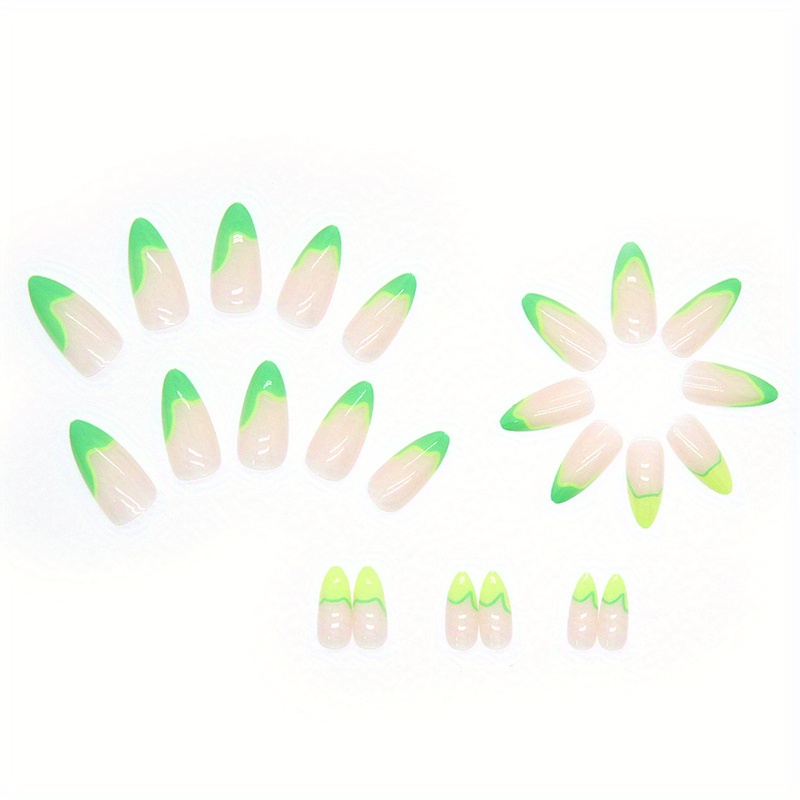 24pcs glossy medium almond fake nails luminous green french tip press on nails summer fresh false nails for women girls details 3