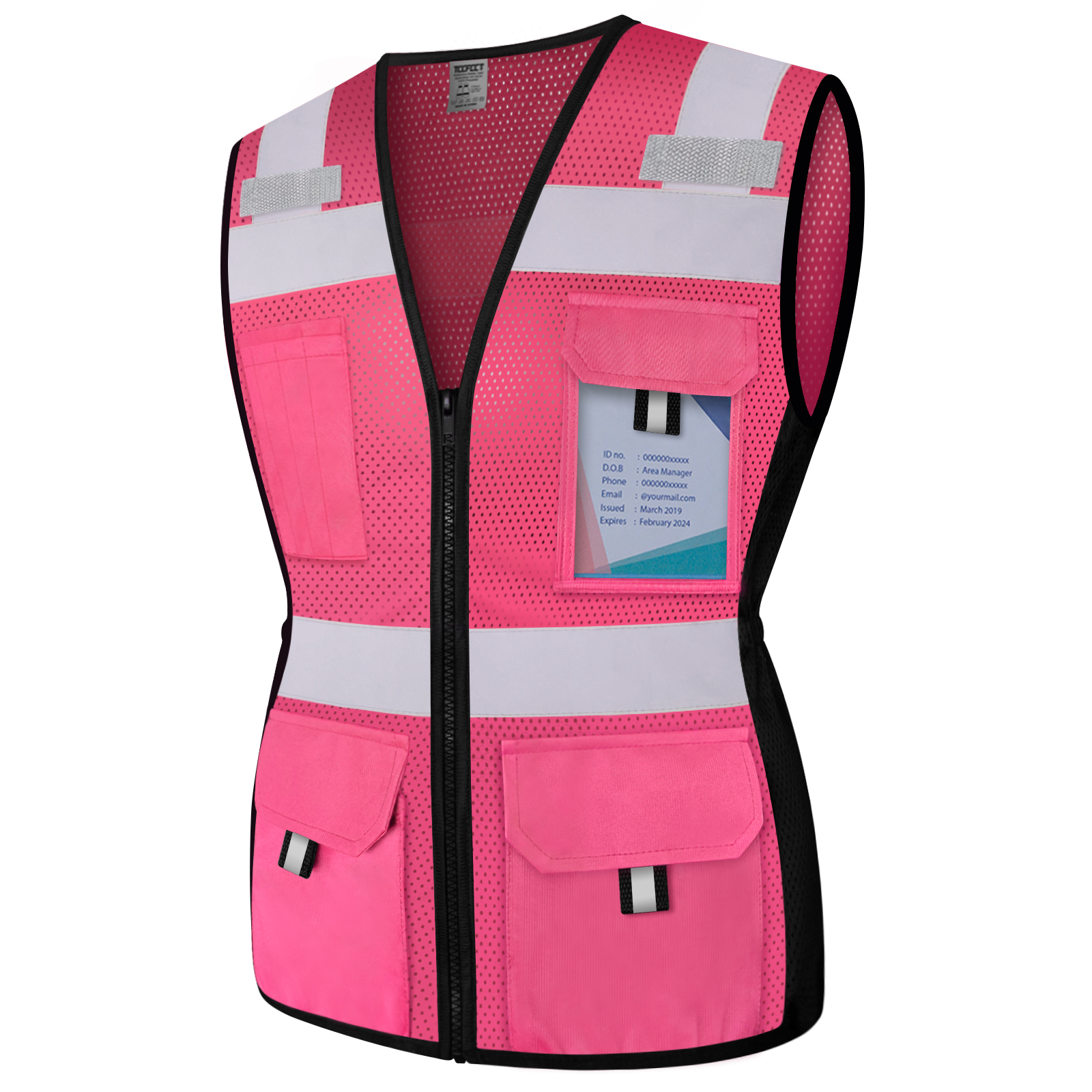 Chalecos de seguridad de malla rosa reflectante de alta visibilidad con 8  bolsillos y cremallera frontal, chaleco de seguridad de alta visibilidad