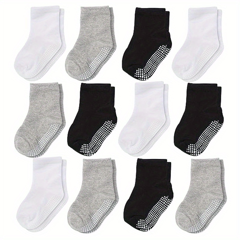 12 Pairs Grip Crew Socks With Non-slip/ Soles For Baby Infants Toddlers Kids Boys Girls