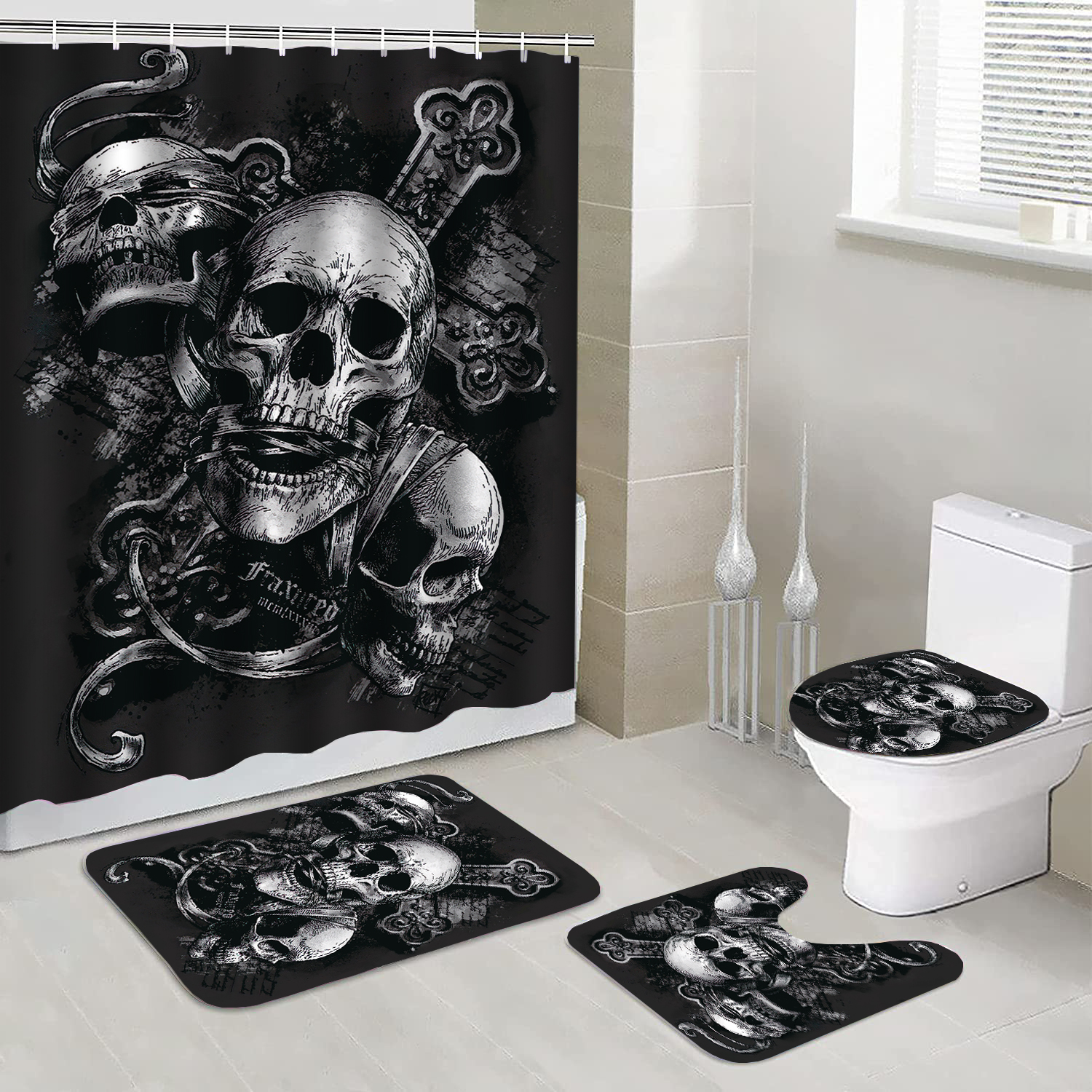 Juego de accesorios de baño en blanco y negro con cortina de ducha de  lunares, juegos de baño de 9 piezas con soporte para cepillo de dientes,  taza de