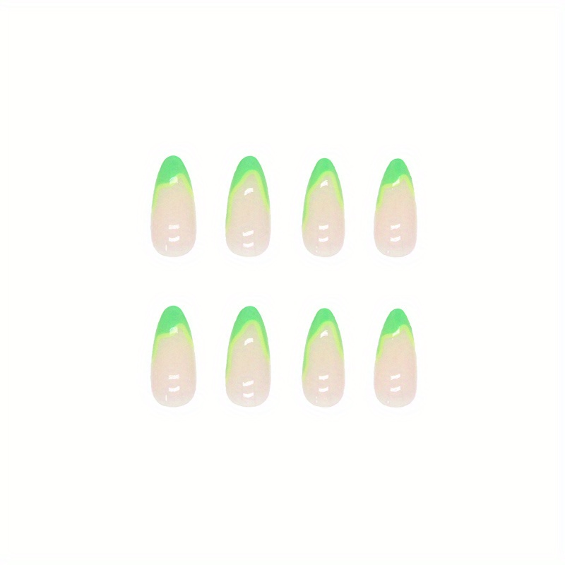 24pcs glossy medium almond fake nails luminous green french tip press on nails summer fresh false nails for women girls details 5