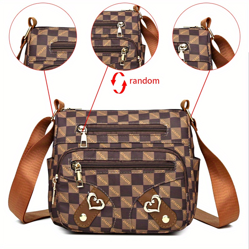 Fashion Plaid Pattern Crossbody Bag, Women's Multi Pockets Purse, Heart  Decor Faux Leather Shoulder Bag