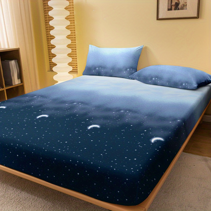 starry night brushed fitted sheet soft breathable polyester bedding for bedroom   deep   machine washable details 2