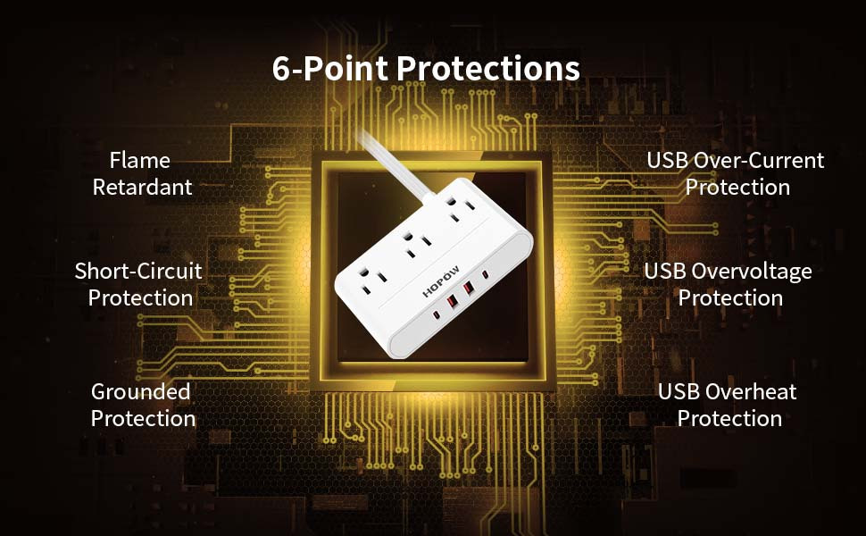 HOPOW Regleta de alimentación de enchufe plano con interruptores  individuales, cable de extensión plano ultrafino de 10 pies, protector de  sobretensiones de 5 salidas con 2 USB-C (20 W PD) y