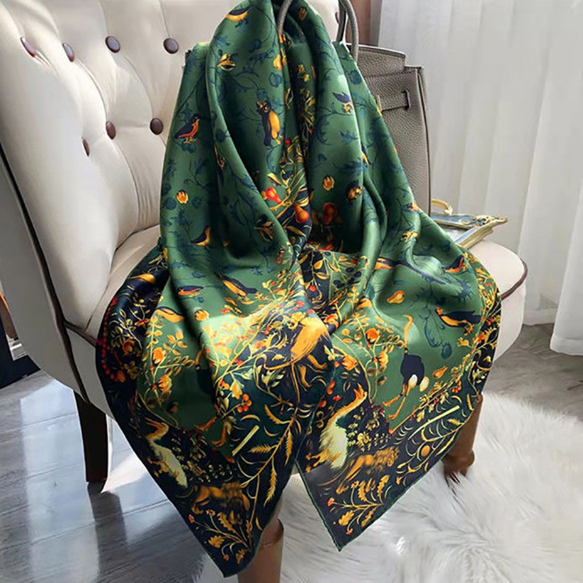 Green Satin Square Scarf Bird Song Floral Art Print Flower - Temu