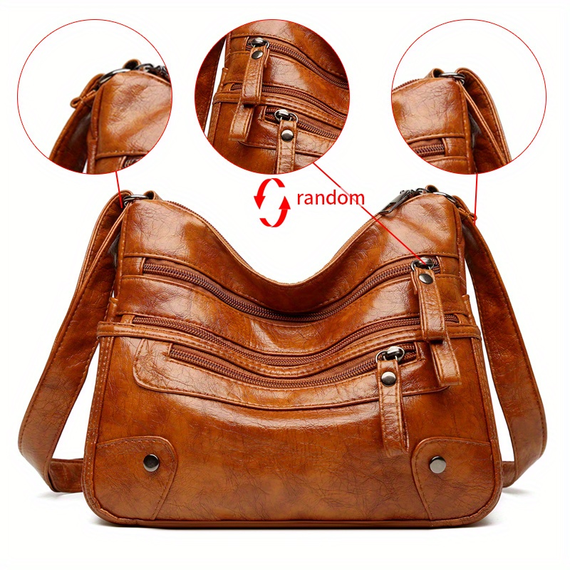 Studded Decor Shoulder Bag, Fashion Multi Zipper Purse, Women's Soft Leather  Crossbody Bag - Temu