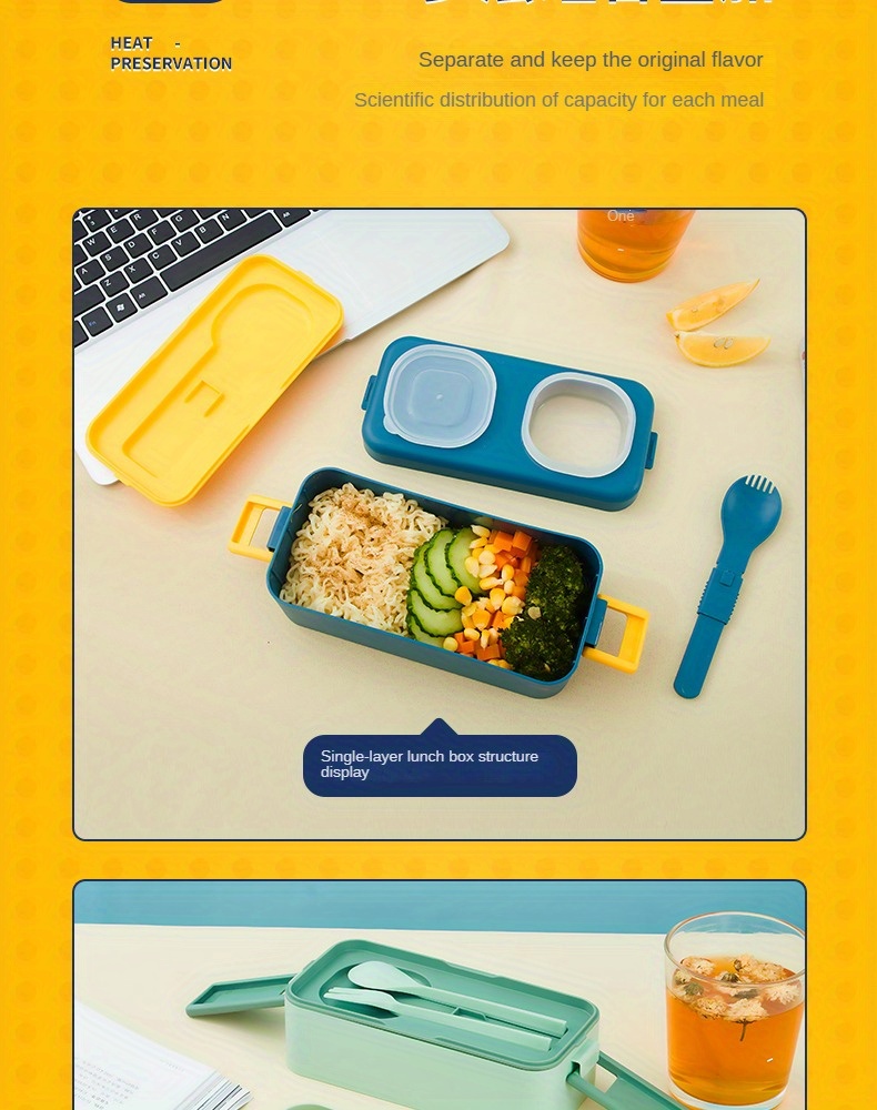 1 Unidad, Lonchera Con Juego De Cubiertos, Caja Bento, Contenedor De  Alimentos De 3 Compartimentos, Apto