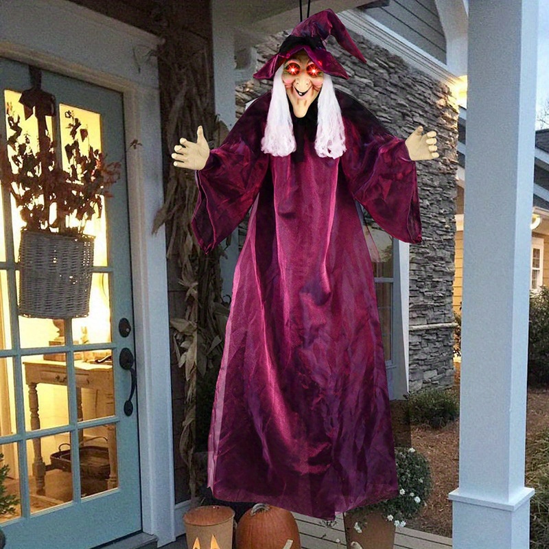 life size hanging talking witch anime halloween witch with sound activated and red eyes for outdoor indoor decor spooky and scary flying witch halloween decoration details 4