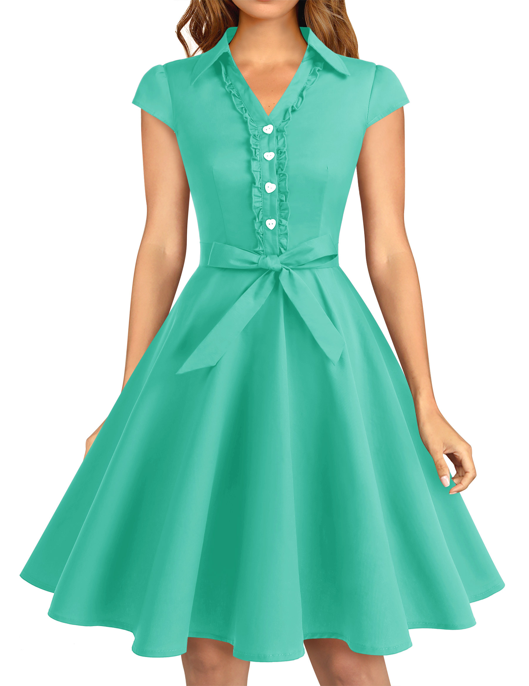 Ruffle Trim Button Front Belted Dress