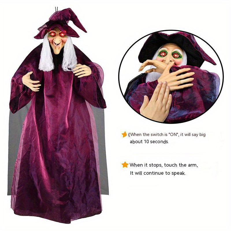 life size hanging talking witch anime halloween witch with sound activated and red eyes for outdoor indoor decor spooky and scary flying witch halloween decoration details 2