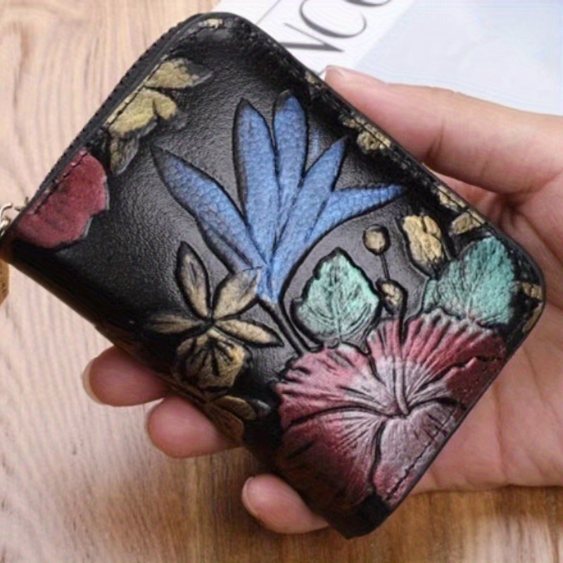 Colorful Flower Carving Painting Coin Purse Vintage Leather Credit Card  Holder Rfid Blocking Card Wallet With Zipper - Bags & Luggage - Temu