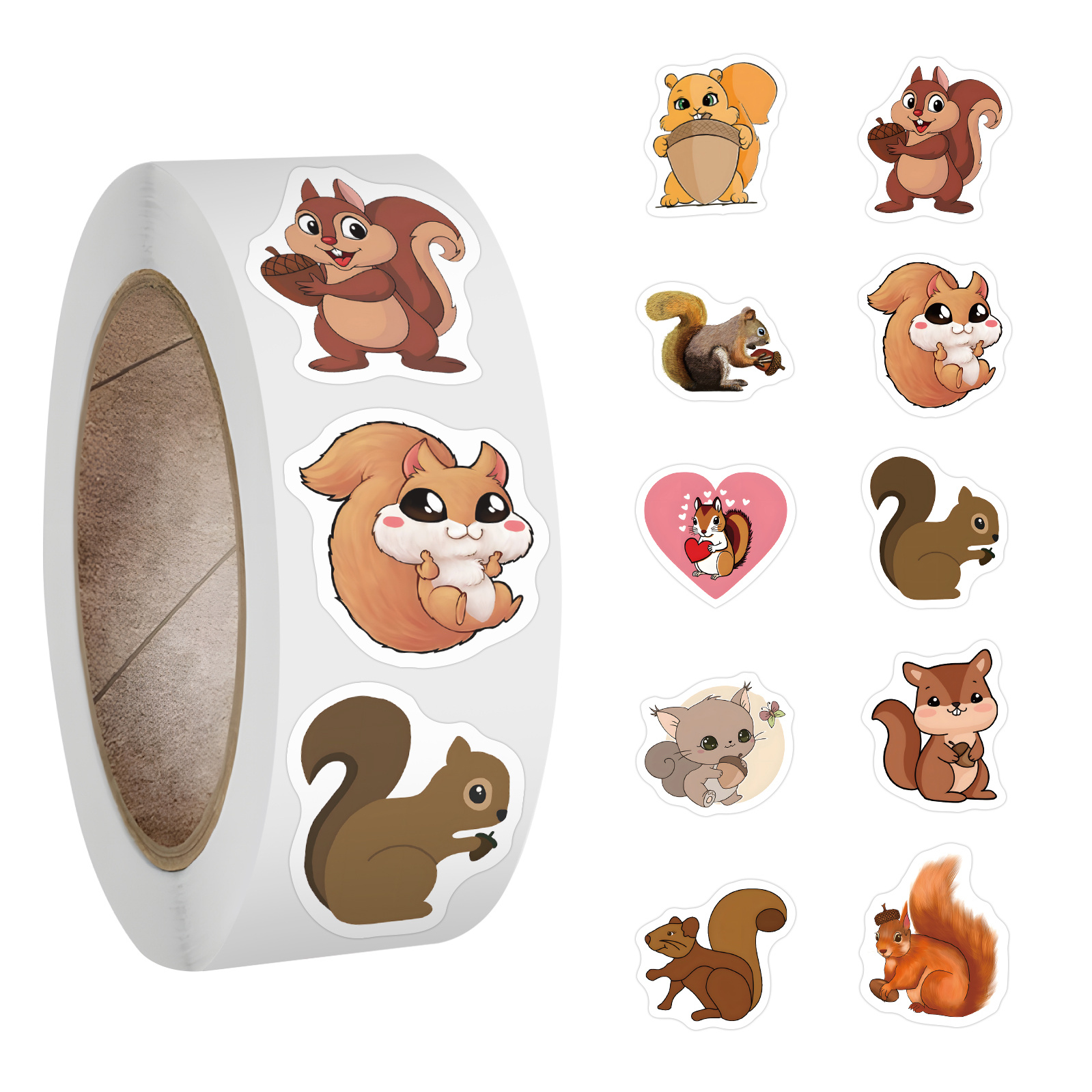 Image of Roll Of 500 Vinyl Squirrel Stickers For Journaling, Featuring Adorable Aesthetic Cartoon Animal Designs Suitable For Laptops, Water Bottles, Skateboards, Scrapbooks, And Luggage